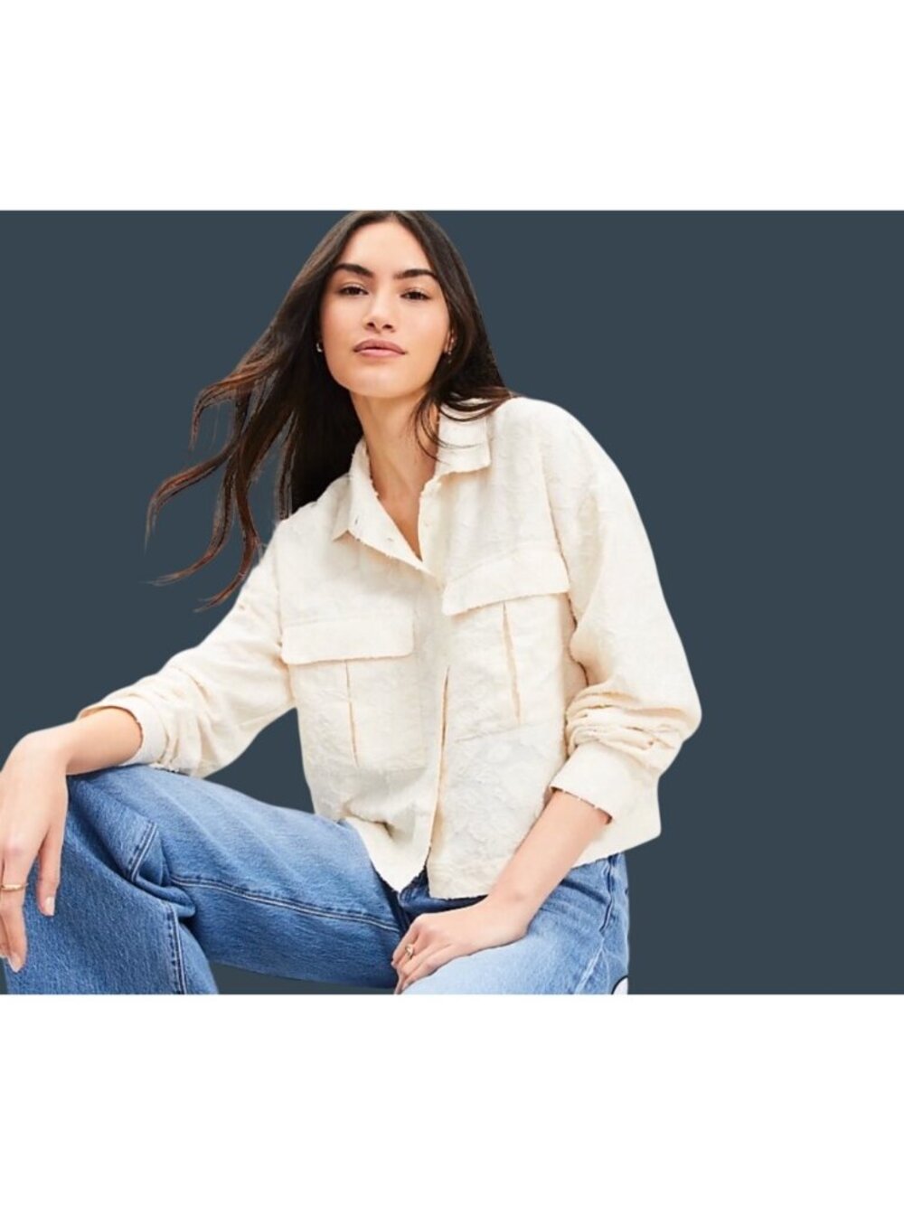 Loft Clip Wide Sleeve Modern Utility Shirt jacket Cream Textured Fabric Small